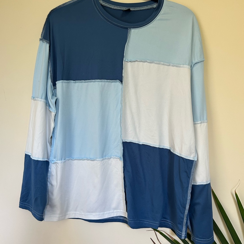 SHEIN Colorblock Patchwork Blouse - Blue and White